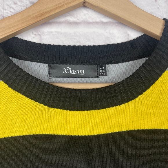 J5021 iClosam yellow, gray, and black striped crew neck sweater size 2XL - Picture 2 of 6